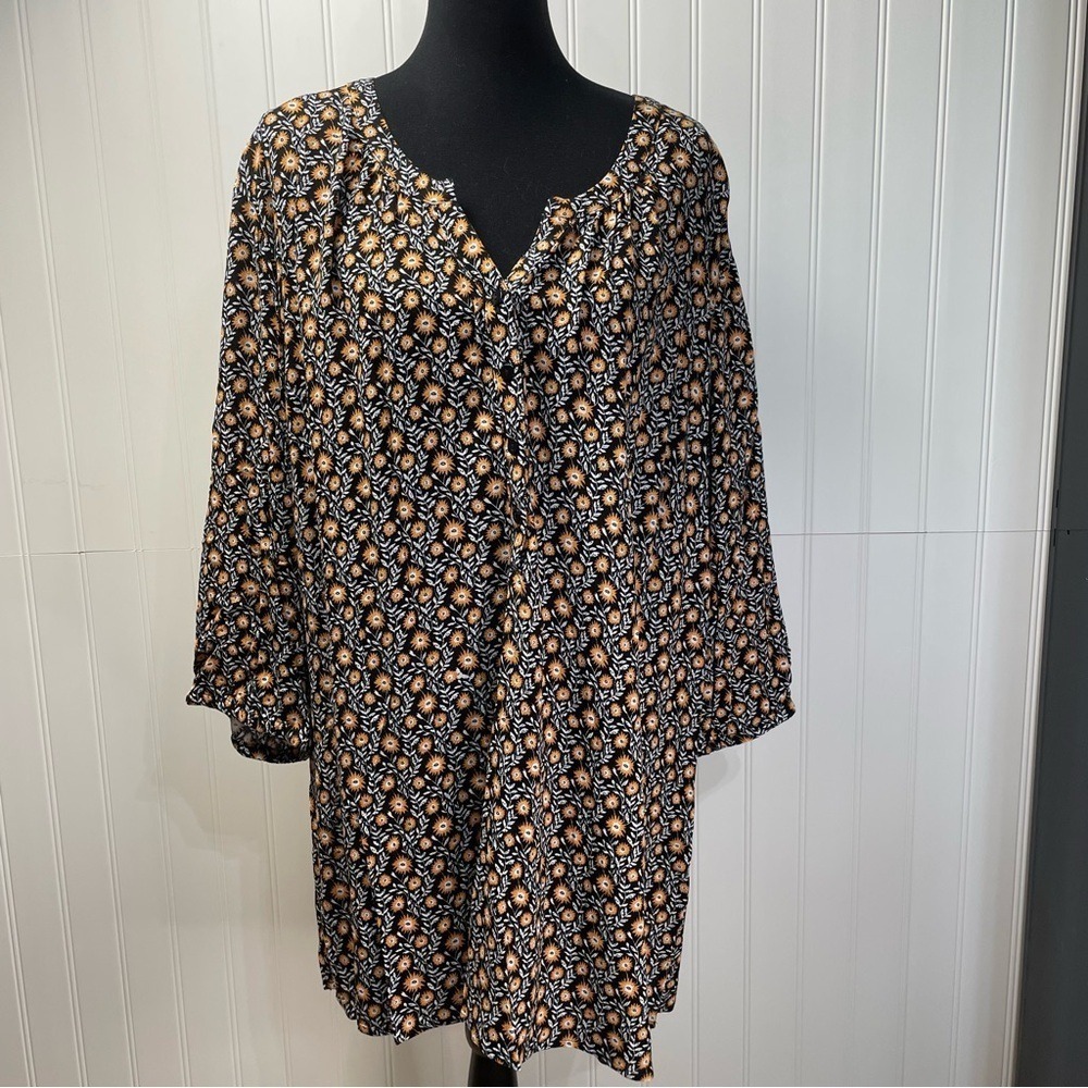 Ulla Popken Top Floral 24/26 Black Yellow V-Neck 3/4 Sleeve Lightweigh